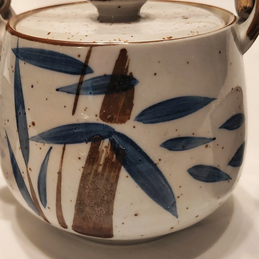 Japanese Vintage Tea Pot Set. Hand Painted Porcelain with Bamboo Handle.